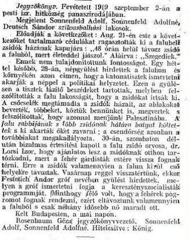 Részlet a „A dunántúli zsidóüldözések aktáiból.” (Forrás: Egyenlőség, 1919. 09. 25., 4. o.)
